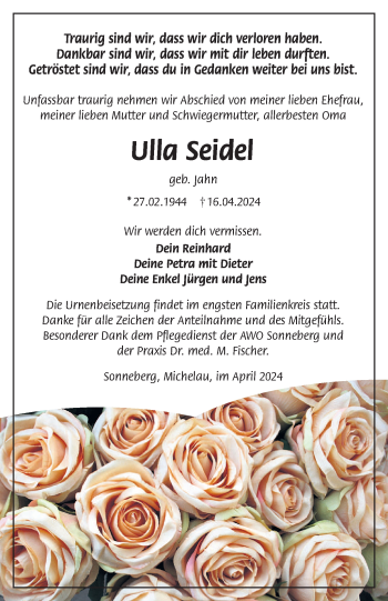 Traueranzeige von Ulla Seidel von Südthüringer Presse