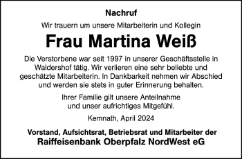 Traueranzeige von Martina Weiß von Frankenpost
