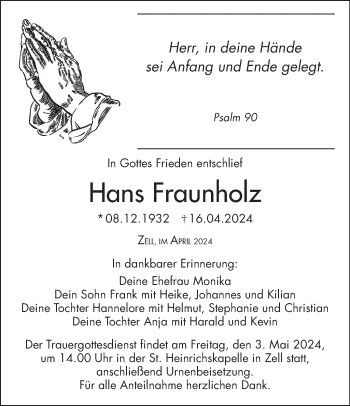 Traueranzeige von Hans Fraunholz von Frankenpost