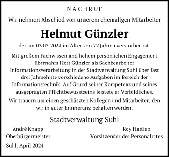 Traueranzeige von Helmut Günzler von Südthüringer Presse