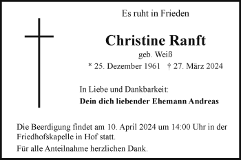 Traueranzeige von Christine Ranft von Frankenpost