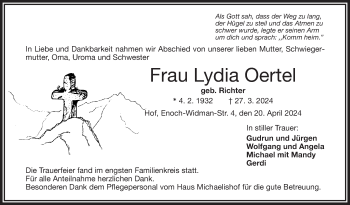 Traueranzeige von Lydia Oertel von Frankenpost