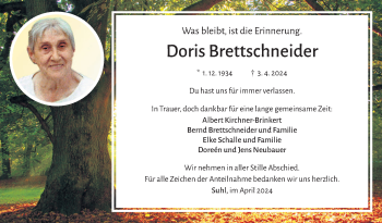 Traueranzeige von Doris Brettschneider von Südthüringer Presse