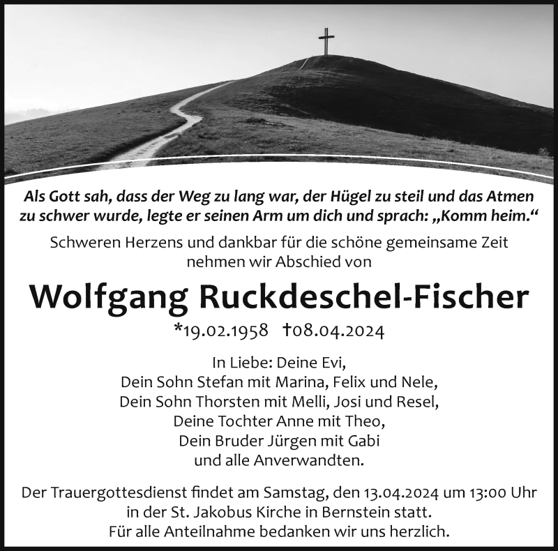  Traueranzeige für Wolfgang Ruckdeschel-Fischer vom 11.04.2024 aus Frankenpost