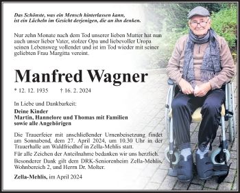 Traueranzeige von Manfred Wagner von Südthüringer Presse