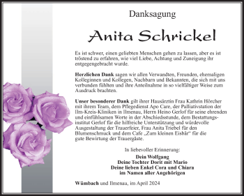Traueranzeige von Anita Schrickel von Südthüringer Presse