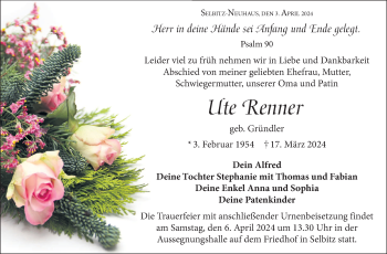 Traueranzeige von Ute Renner von Frankenpost