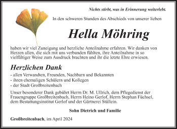 Traueranzeige von Hella Möhring von Südthüringer Presse