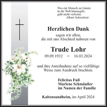 Traueranzeige von Trude Lohr von Südthüringer Presse
