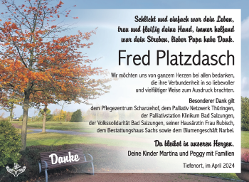 Traueranzeige von Fred Platzdasch von Südthüringer Presse