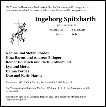 Traueranzeige von Ingeborg Spitzbarth von Frankenpost