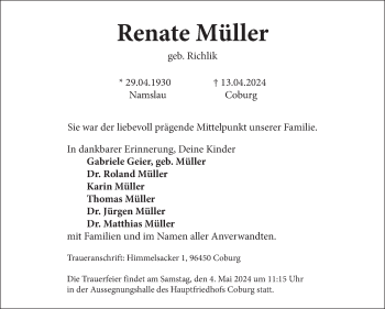 Traueranzeige von Renate Müller von Neue Presse Coburg