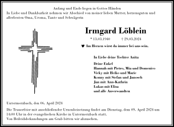 Traueranzeige von Irmgard Löblein von Neue Presse Coburg