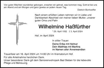 Traueranzeige von Wilhelmine Haßfürther von Frankenpost