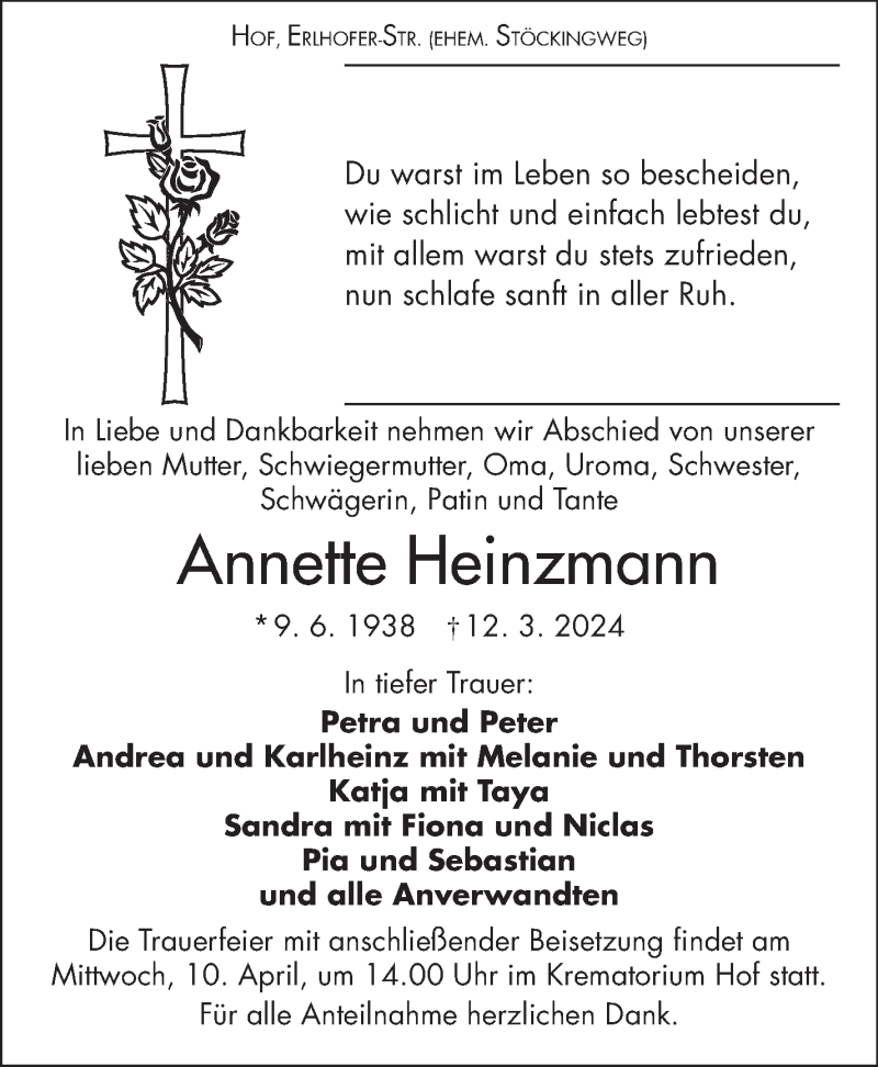  Traueranzeige für Annette Heinzmann vom 05.04.2024 aus Frankenpost