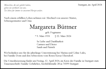 Traueranzeige von Margareta Büttner von Neue Presse Coburg