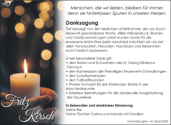 Traueranzeige von Fritz Kirsch von Südthüringer Presse
