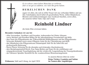 Traueranzeige von Reinhold Lindner von Südthüringer Presse