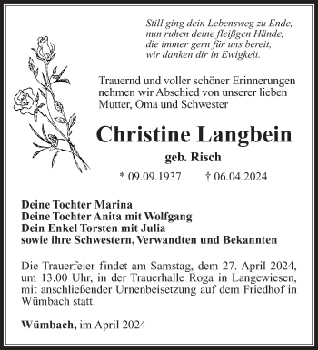 Traueranzeige von Christine Langbein von Südthüringer Presse