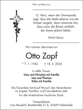 Traueranzeige von Otto Zapf von Frankenpost