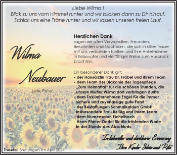 Traueranzeige von Wilma Neubauer von Südthüringer Presse