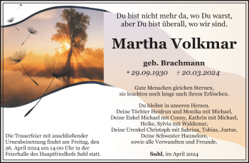 Traueranzeige von Martha Volkmar von Südthüringer Presse