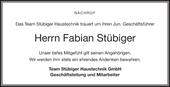 Traueranzeige von Fabian Stübinger von Frankenpost