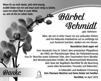Traueranzeige von Bärbel Schmidt von Südthüringer Presse