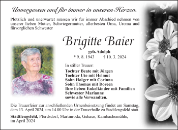 Traueranzeige von Brigitte Baier von Südthüringer Presse