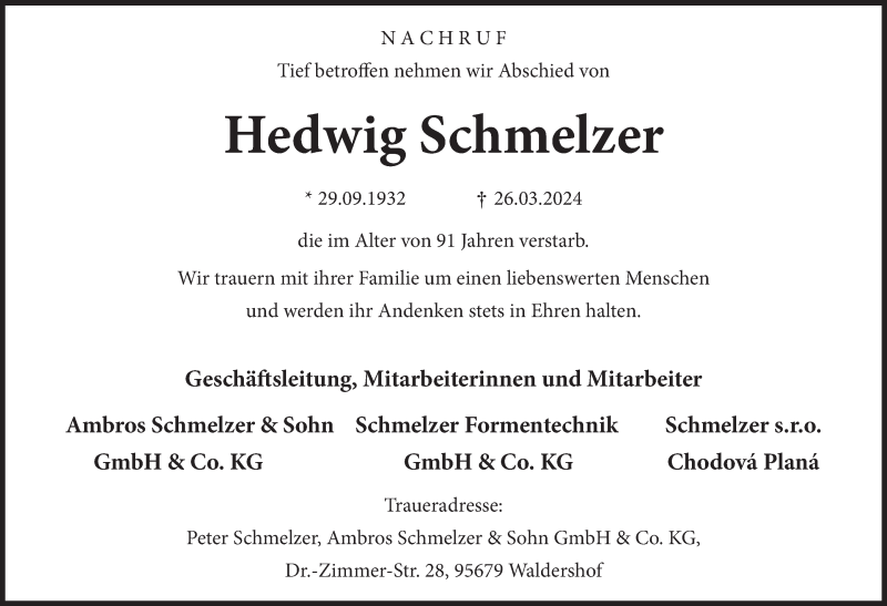  Traueranzeige für Hedwig Schmelzer vom 06.04.2024 aus Frankenpost
