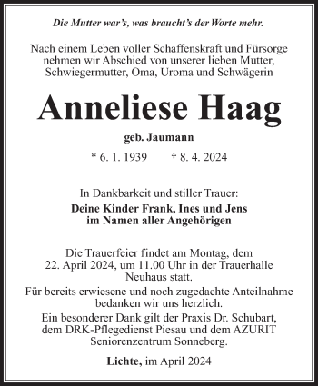 Traueranzeige von Anneliese Haag von Südthüringer Presse