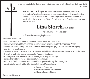 Traueranzeige von Lina Storch von Südthüringer Presse