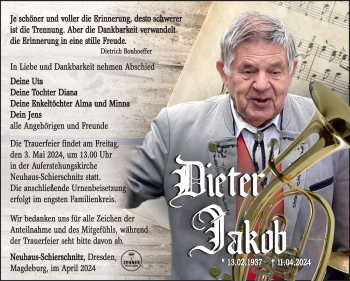 Traueranzeige von Dieter Jakob von Südthüringer Presse