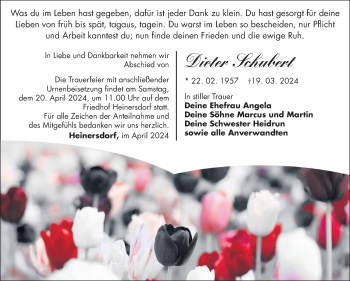 Traueranzeige von Dieter Schubert von Südthüringer Presse