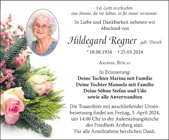 Traueranzeige von Hildegard Regner von Frankenpost