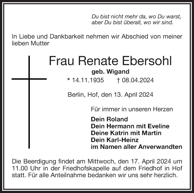  Traueranzeige für Renate Ebersohl vom 13.04.2024 aus Frankenpost