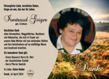 Traueranzeige von Irmtraud Geiger von Südthüringer Presse