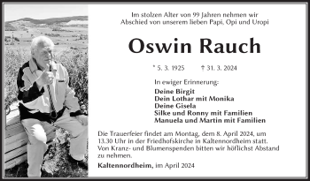 Traueranzeige von Oswin Rauch von Südthüringer Presse