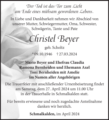 Traueranzeige von Christel Beyer von Südthüringer Presse