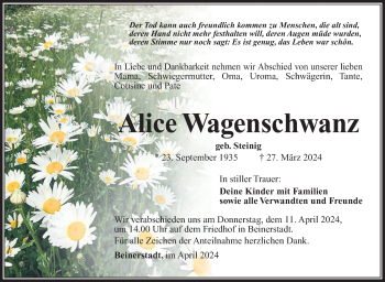 Traueranzeige von Alice Wagenschwanz von Südthüringer Presse