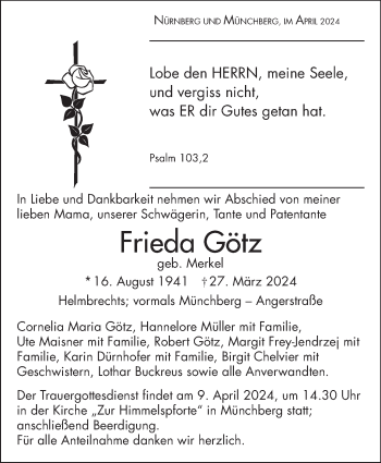 Traueranzeige von Frieda Götz von Frankenpost