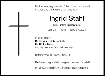 Traueranzeige von Ingrid Stahl von Neue Presse Coburg