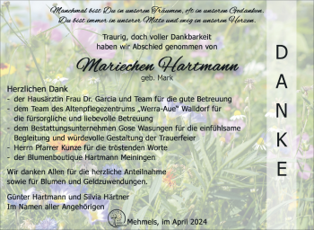 Traueranzeige von Mariechen Hartmann von Südthüringer Presse