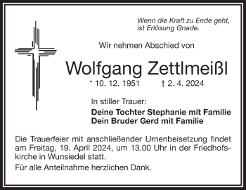 Traueranzeige von Wolfgang Zettlmeißl von Frankenpost