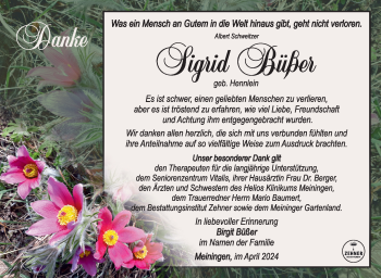 Traueranzeige von Sigrid Büßer von Südthüringer Presse