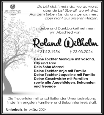 Traueranzeige von Roland Wilhelm von Südthüringer Presse