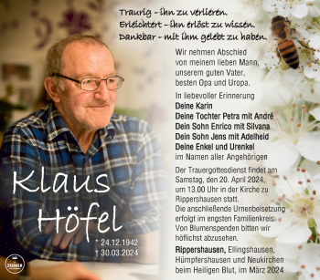 Traueranzeige von Klaus Höfel von Südthüringer Presse