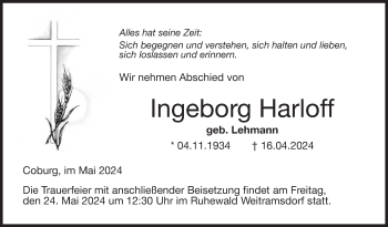 Traueranzeige von Ingeborg Harloff von Neue Presse Coburg