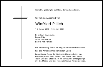 Traueranzeige von Winfried Pillich von Frankenpost