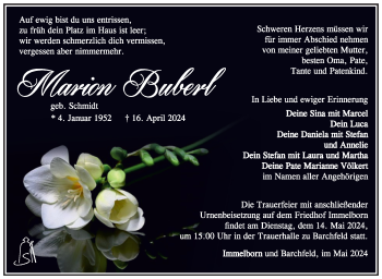 Traueranzeige von Marion Buberl von Südthüringer Presse